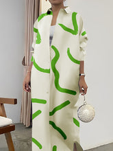 Long Sleeves Loose Line Printed Split-Front Split-Side Lapel Maxi Dresses